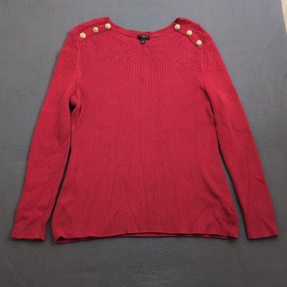 Talbots Women LP Red Knit Pull Over Sweater Gold Button Detail On Shoulder
